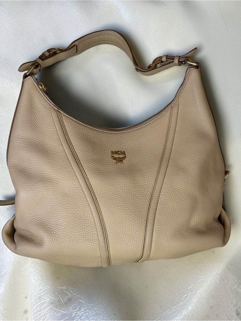 MCM Taupe Pebbled Leather Shoulder Bag with Gold Hardware